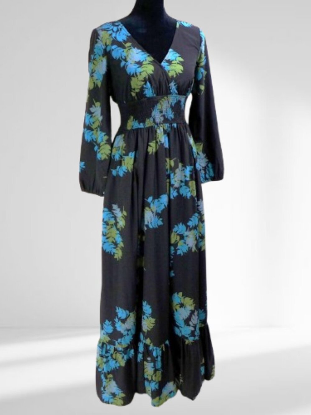 Eshakti Maxi Dress Black with blue green leaves Long sleeve Chiffon SIZE 6 TALL